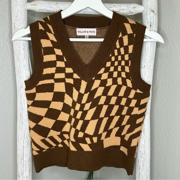 Willow & Wind Womens Sweater Vest Brown‎ Tan Checkered Sleeveless Knit Top - Picture 1 of 4